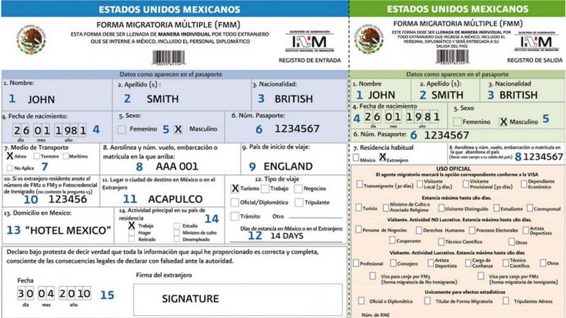 Образец заполнения миграционной карты в Мексику